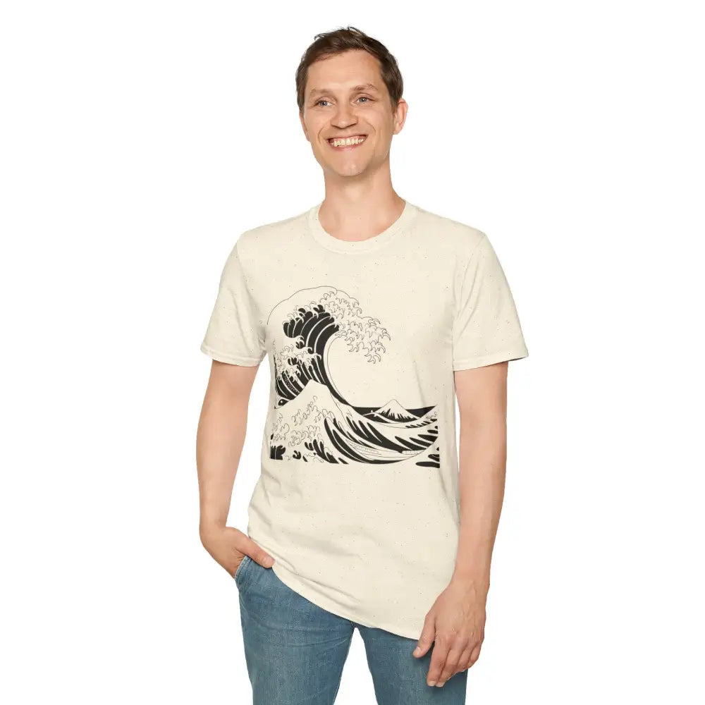 Unisex Ocean Wave T-Shirt with black wave graphic, highly elastic ribbed, summer casual wear