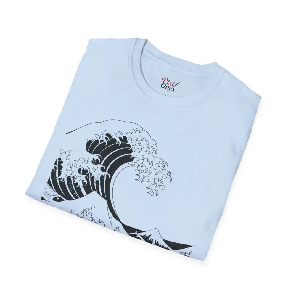 Light blue unisex t-shirt with Hokusai wave and Mount Fuji graphic, highly elastic ribbed fit