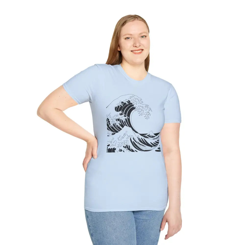 Light blue unisex t-shirt with black wave graphic, highly elastic ribbed, summer casual wear