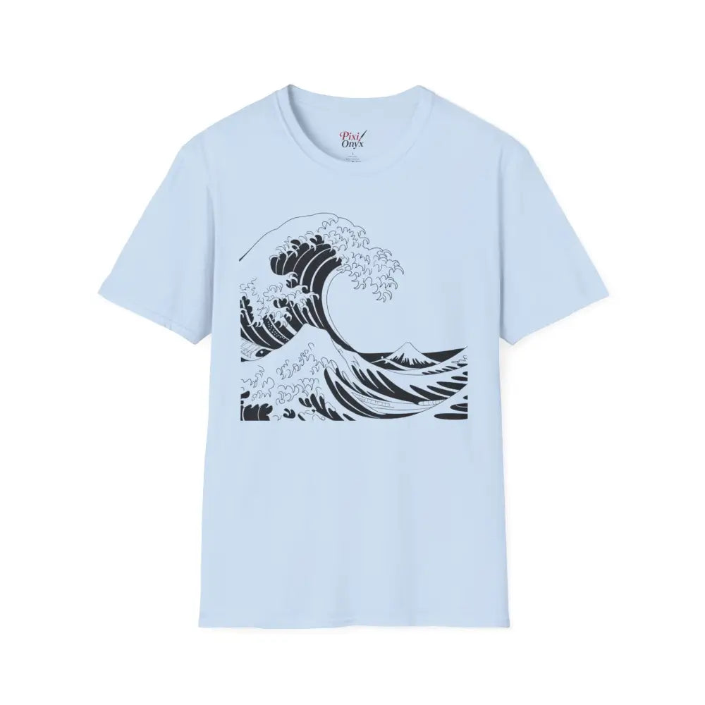 Light blue unisex t-shirt with black wave graphic, highly elastic ribbed, summer casual wear