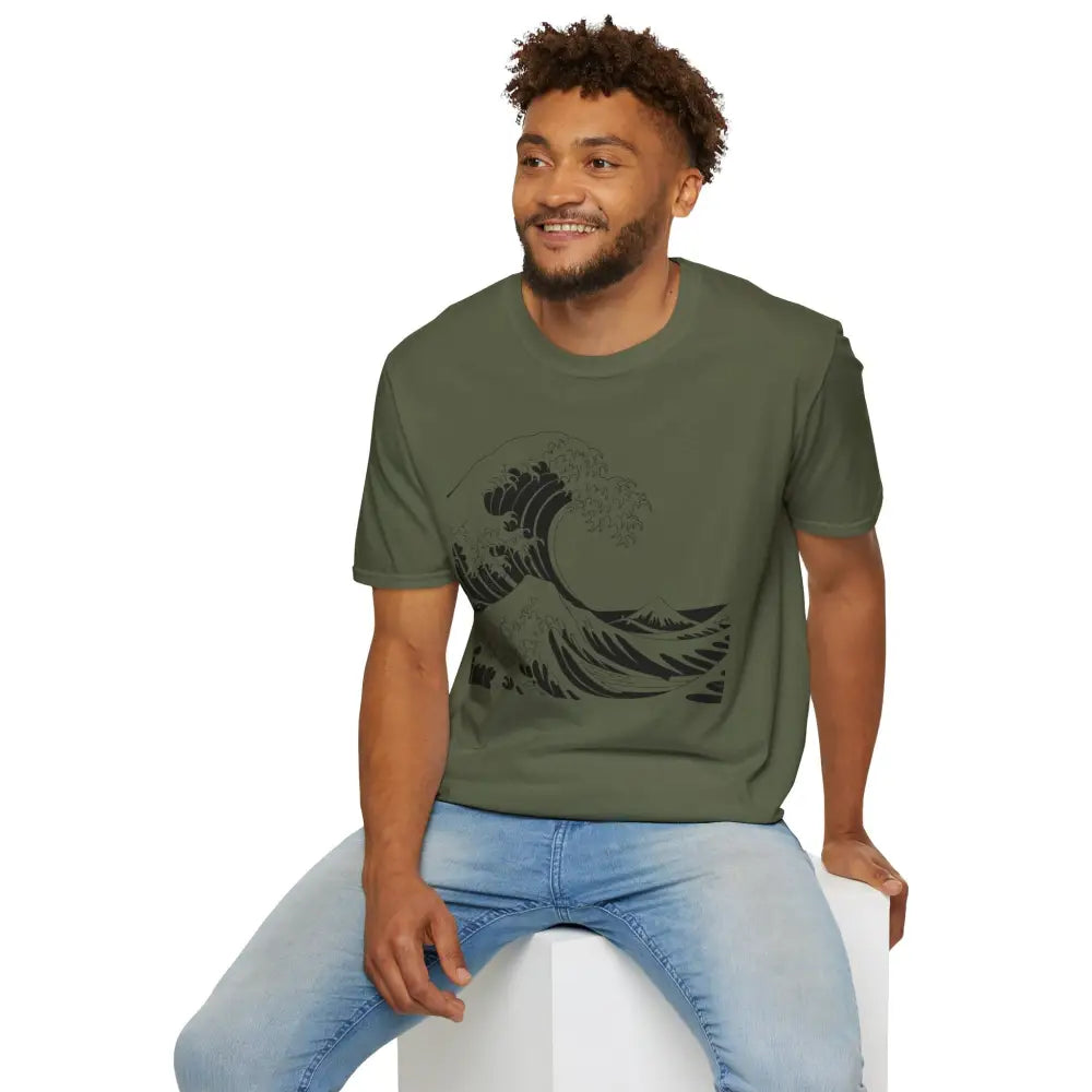 Olive green unisex t-shirt with black wave graphic, highly elastic ribbed, relaxed fit