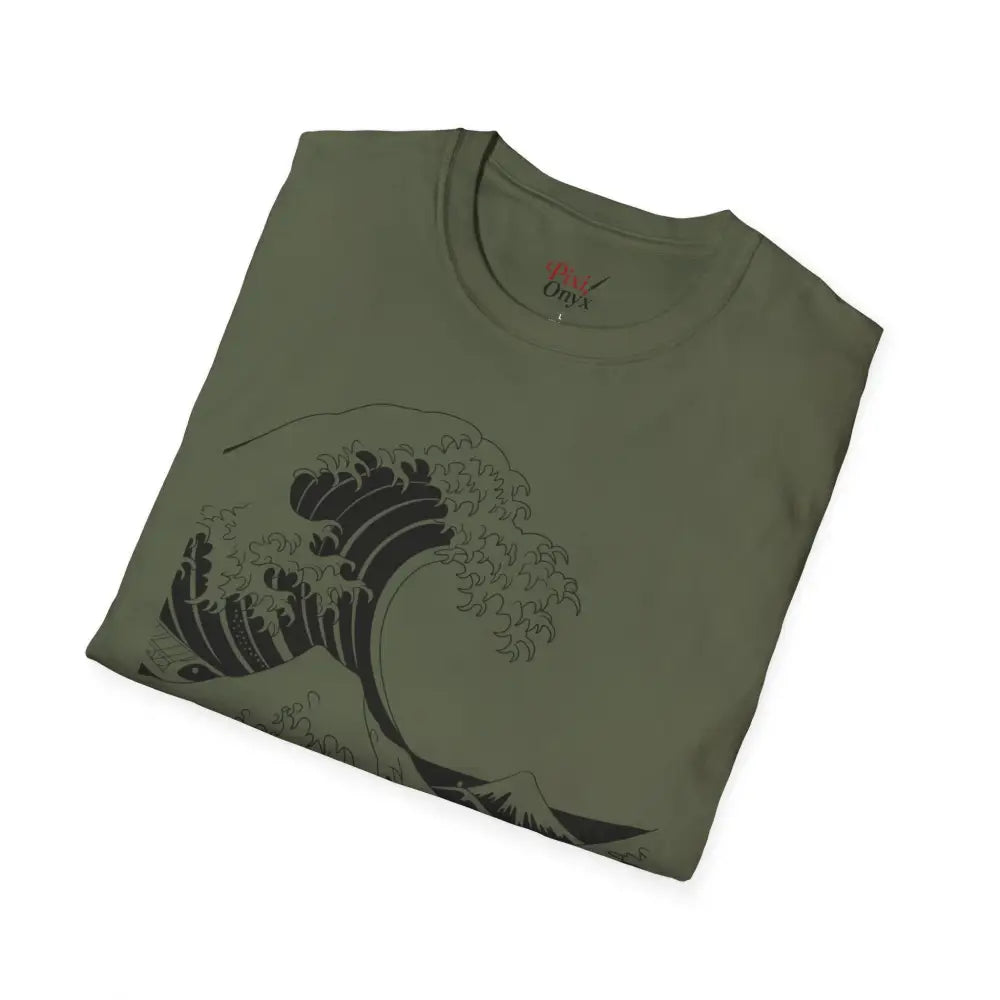 Olive green unisex t-shirt with black wave and mountain graphic, highly elastic ribbed fabric