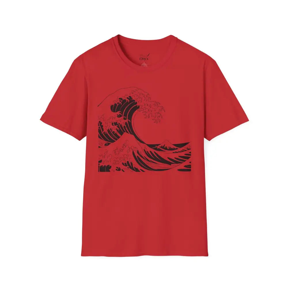 Red unisex t-shirt with black wave graphic, highly elastic ribbed, beach vibes casual tee