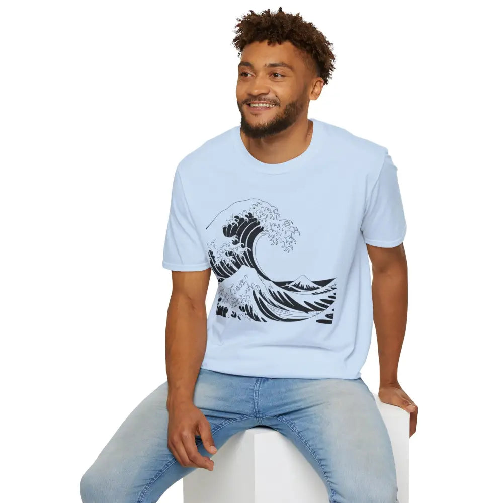Light blue unisex t-shirt with black and white wave graphic, highly elastic ribbed fit