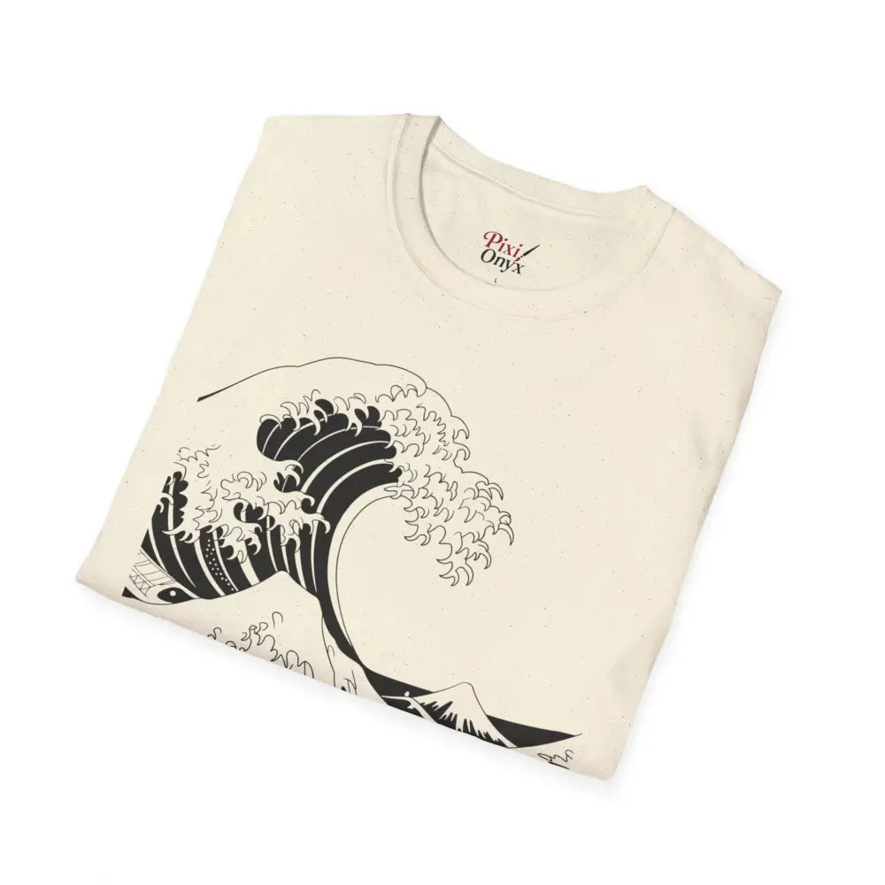 Cream-colored unisex t-shirt with black wave and mountain graphic, highly elastic ribbed fit