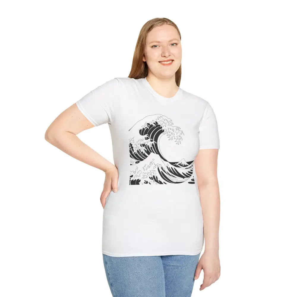 White unisex t-shirt with black wave graphic, highly elastic ribbed, summer casual wear