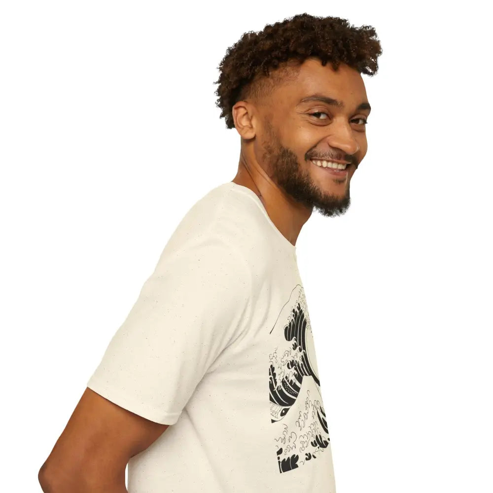 Unisex T-Shirt with black wave graphic, highly elastic ribbed, relaxed fit, beach vibes