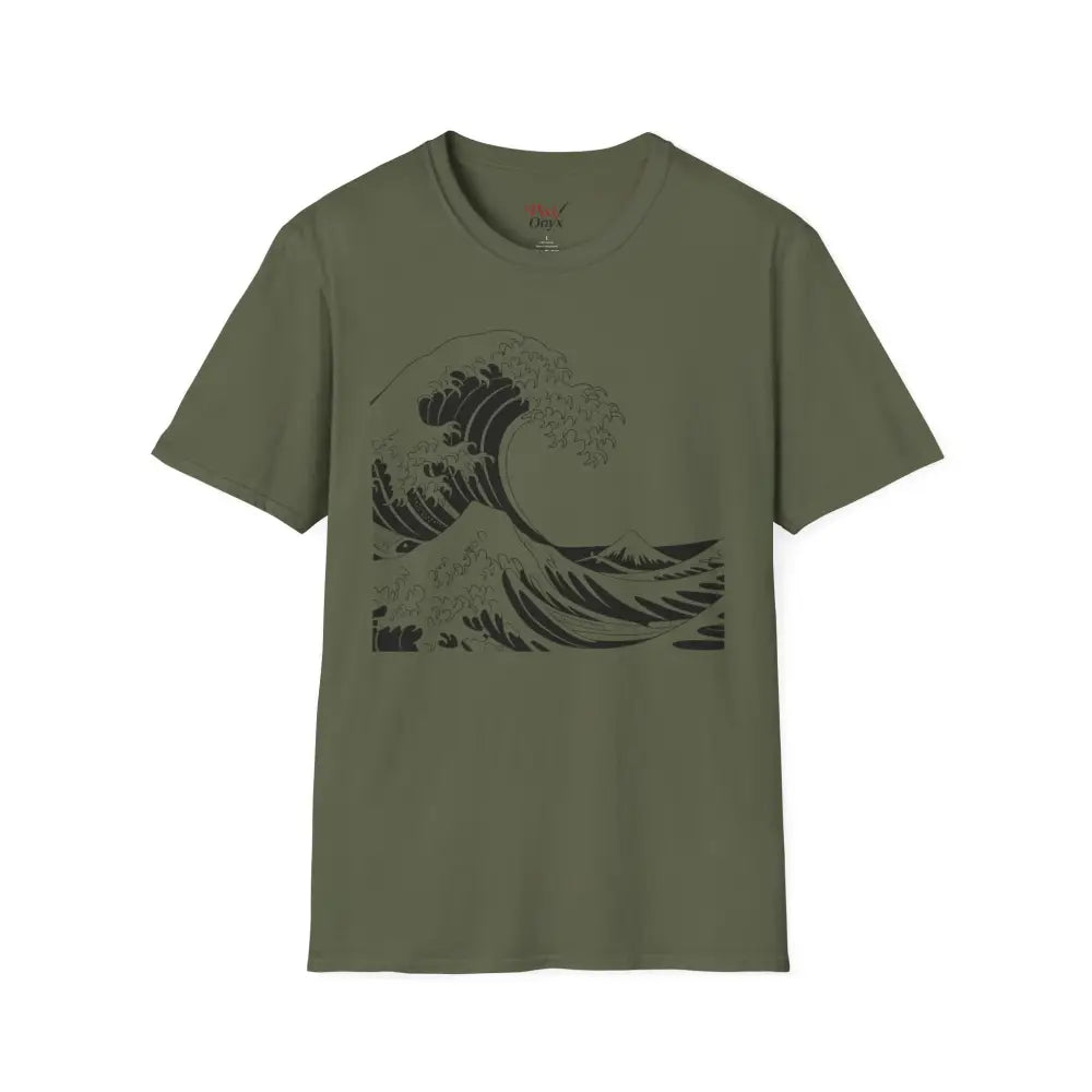 Olive green unisex t-shirt with black wave graphic, highly elastic ribbed, summer casual wear
