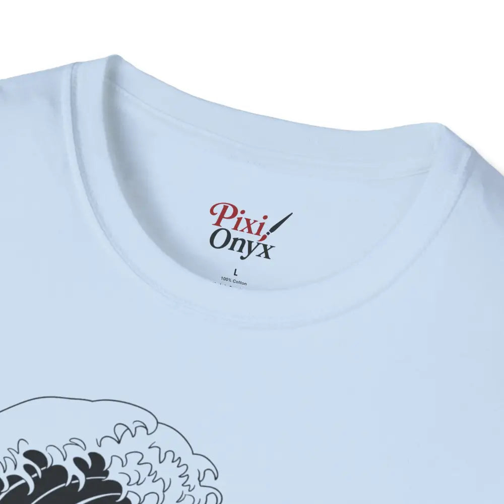 White unisex t-shirt with black wave design, highly elastic ribbed fabric, summer casual wear