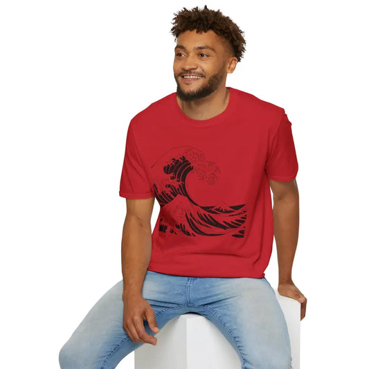 Red unisex t-shirt with black wave graphic, highly elastic ribbed, beach vibes casual wear