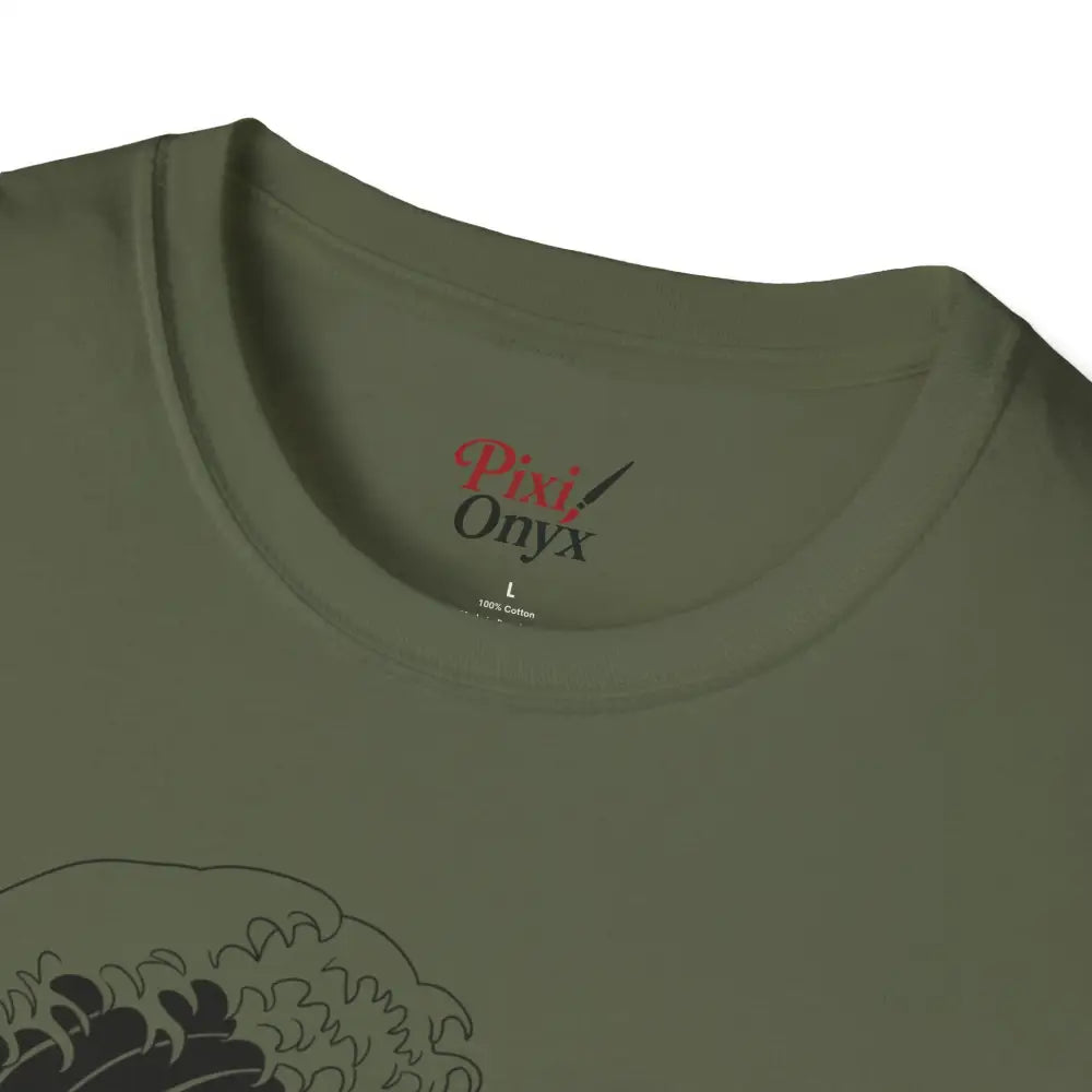 Olive green unisex t-shirt with black wave design, highly elastic ribbed, summer casual wear