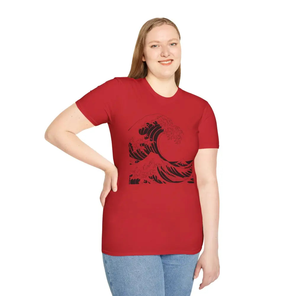 Red short-sleeved unisex t-shirt with black wave design, highly elastic ribbed, beach vibe