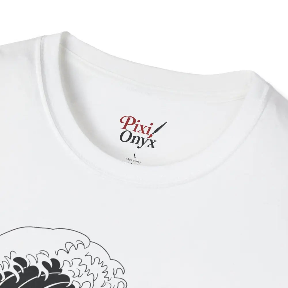 White unisex t-shirt with black and white wave graphic, highly elastic ribbed, summer casual wear
