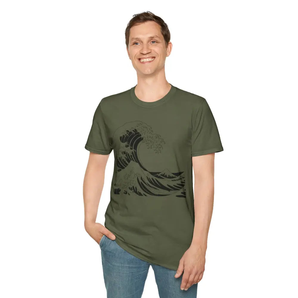 Smiling man wearing Ocean Wave Unisex T-Shirt with black wave design and relaxed fit