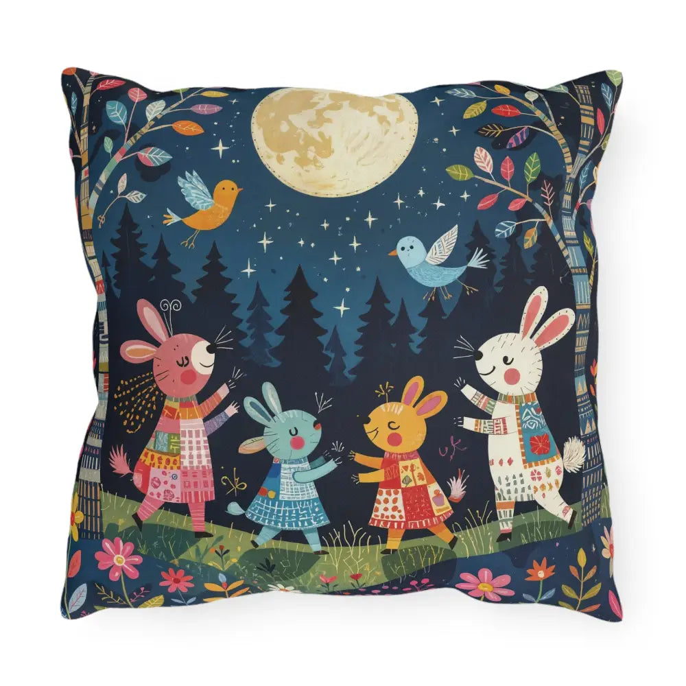 Whimsical woodland picnic nook outdoor cushion with rabbits and birds under a full moon