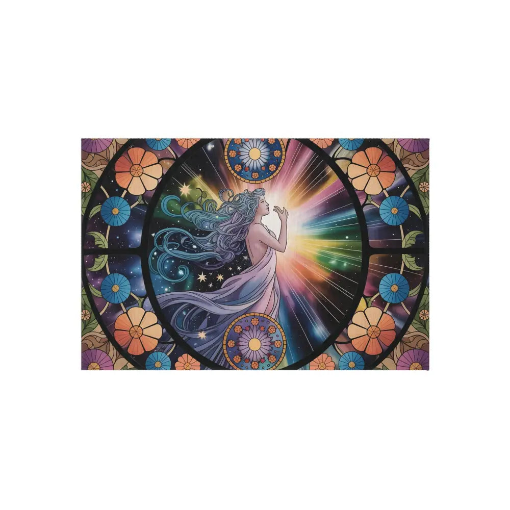 Stained-glass-style celestial woman artwork on Outdoor Rug Celestial Bloom by PixiOnyx Gardenlight