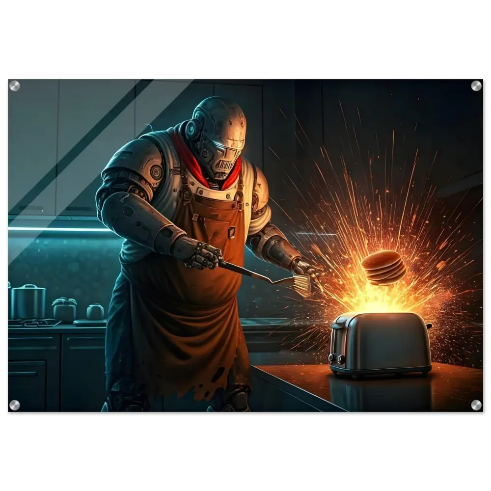 Robot chef flipping exploding toast on Pancake Protocol Acrylic Print by PixiOnyx