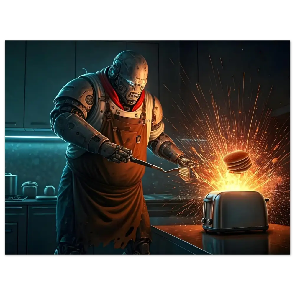 Robot chef flipping burning toast on Aluminum Print Pancake Protocol Breakfast Uprising display