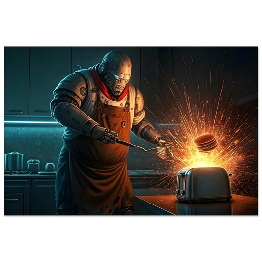 Robotic chef flipping pancakes on Aluminum Print for Pancake Protocol Breakfast Uprising display