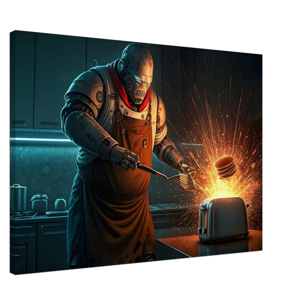 Robot chef with exploding toaster from Pancake Protocol Breakfast Uprising Canvas by PixiOnyx