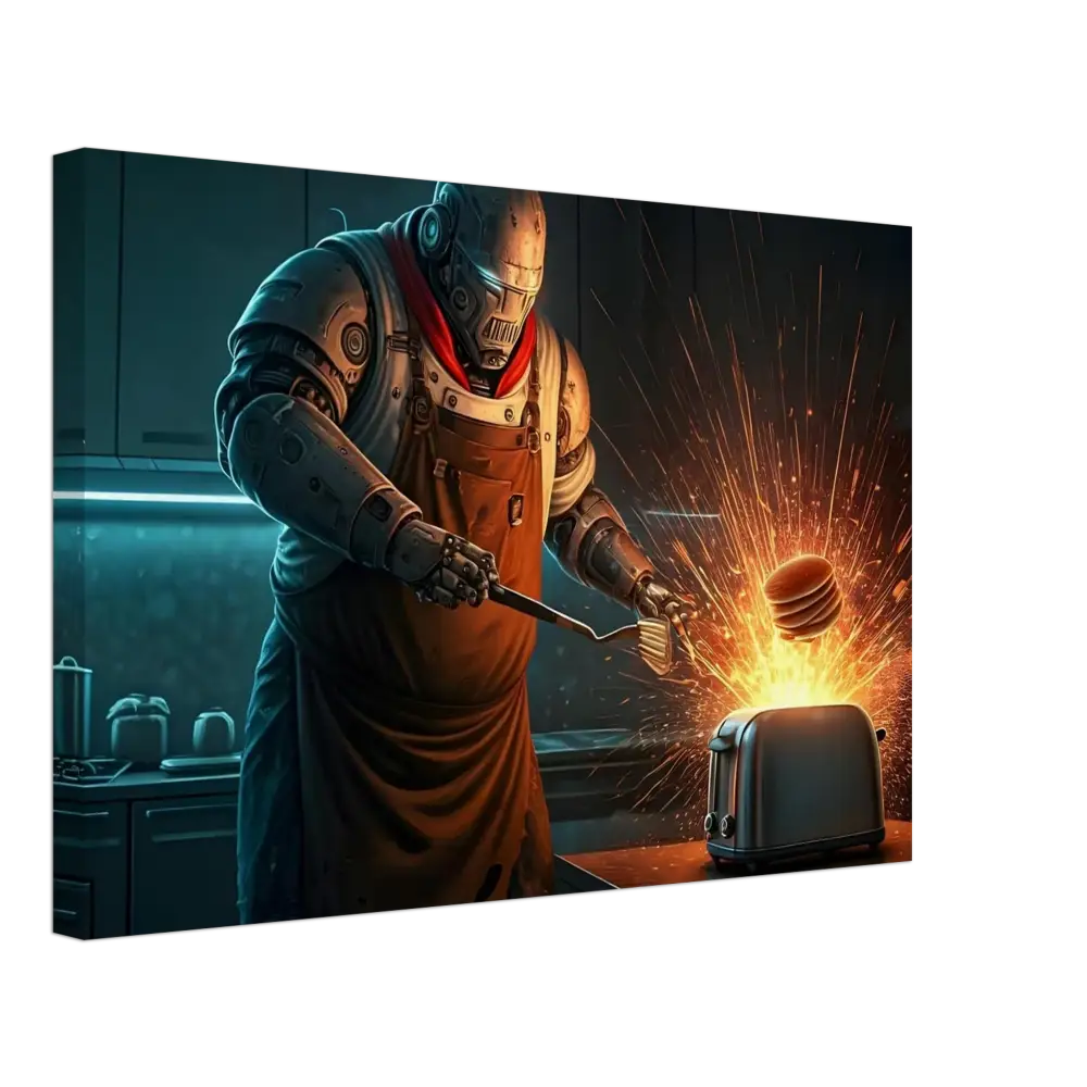 Robotic chef flipping pancakes on Canvas for Pancake Protocol Breakfast Uprising edition