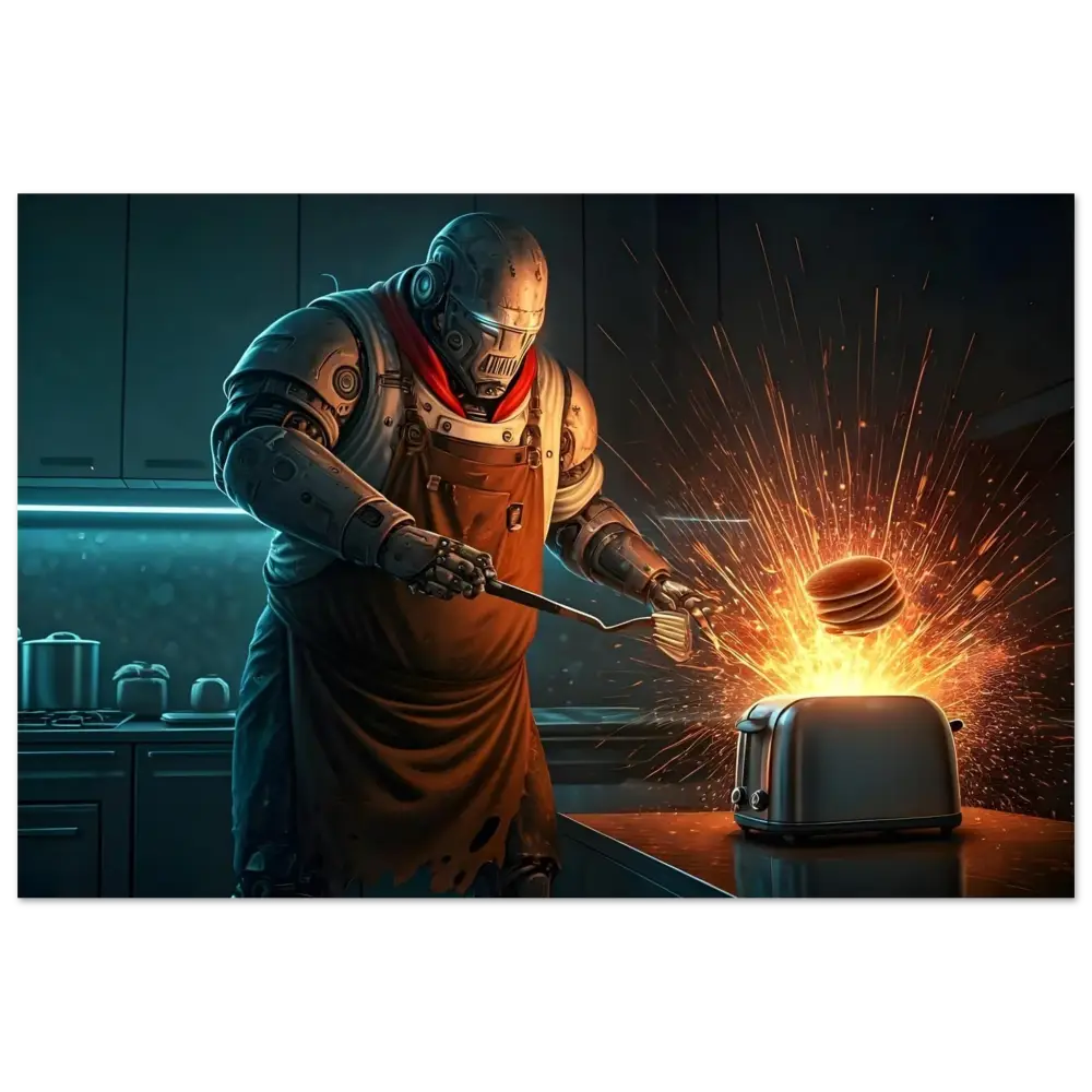 Robot chef toasting pancakes with sparks on Pancake Protocol: Breakfast Uprising poster