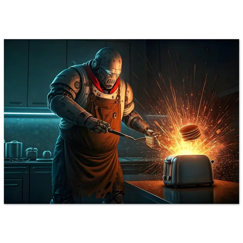 Robot chef with exploding toaster from Pancake Protocol Breakfast Uprising poster