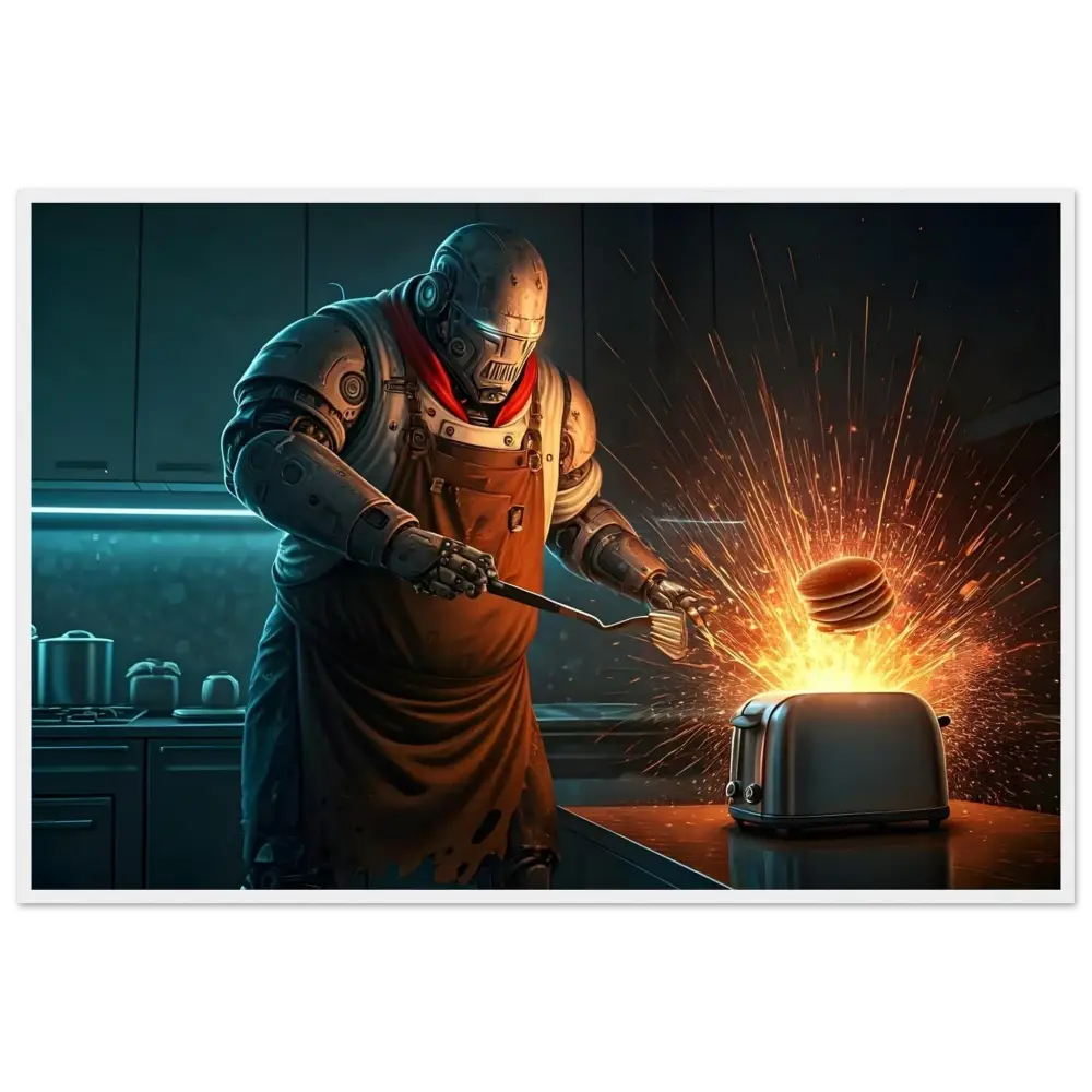 Robot chef flipping pancakes in an explosive breakfast scene on Pancake Protocol framed poster