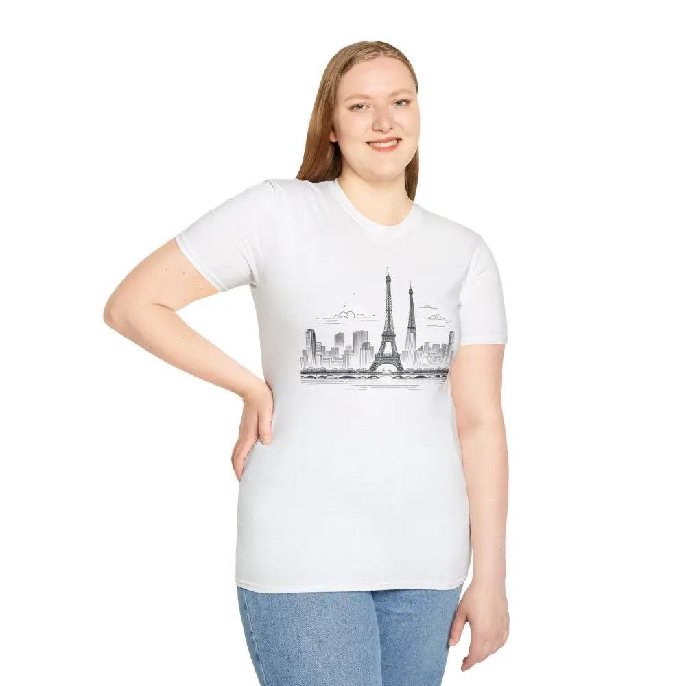 Woman in Paris Skyline Graphic T-Shirt with ribbed collar retains and shoulder tape stabilizes casual summer wear