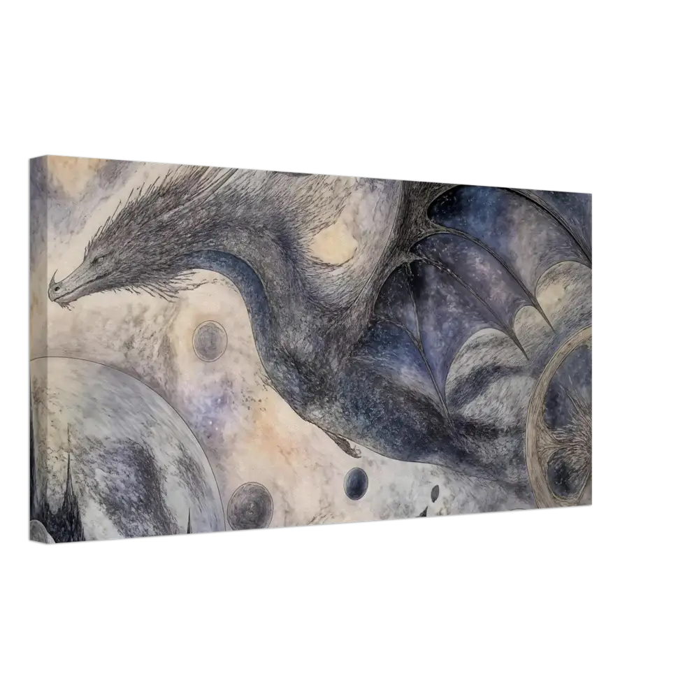 Pastel dragon canvas print featuring a dark gray dragon with detailed scales and wings on a cosmic fantasy wall art background