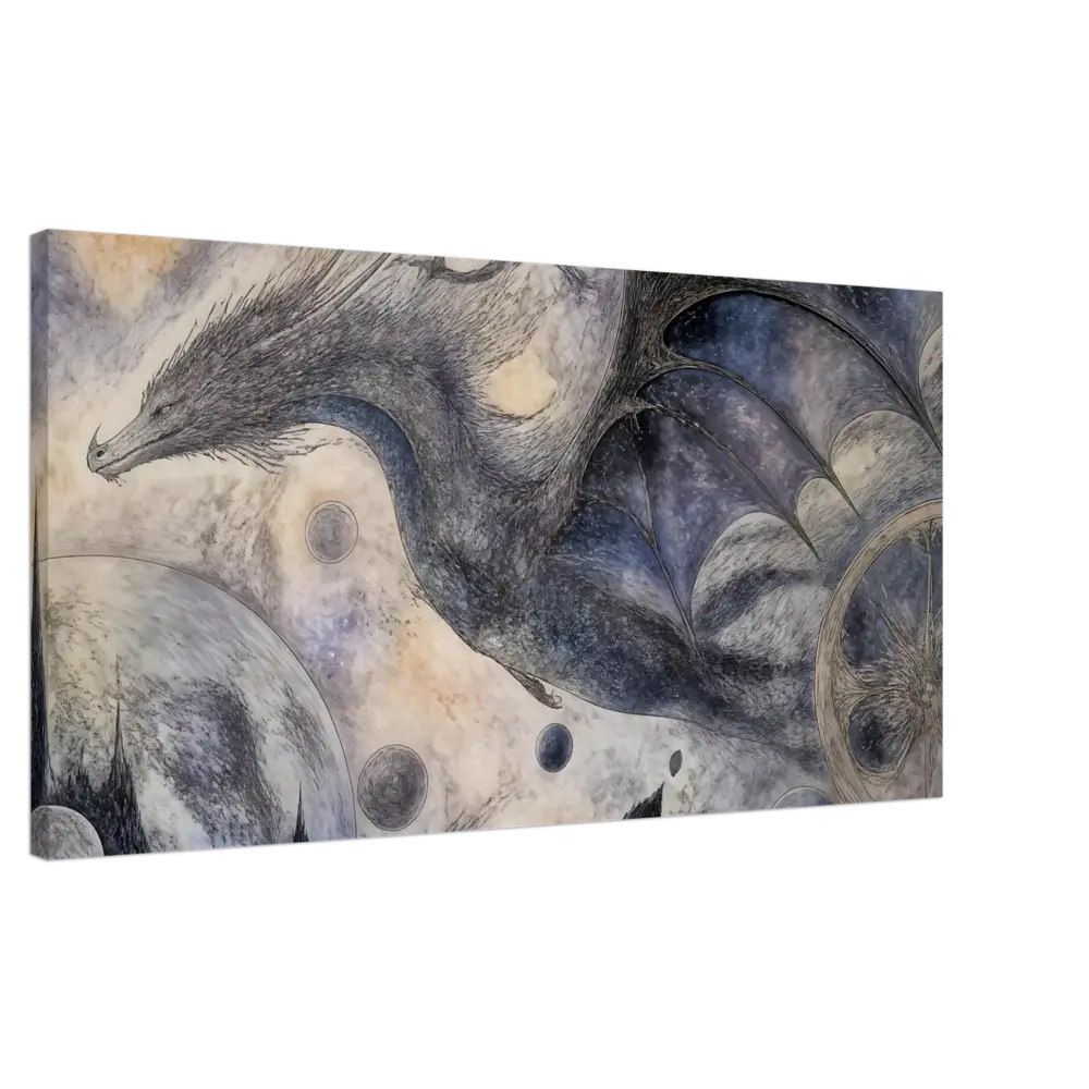 Pastel dragon canvas print featuring a detailed dark gray dragon with intricate wings in an ethereal fantasy wall art design