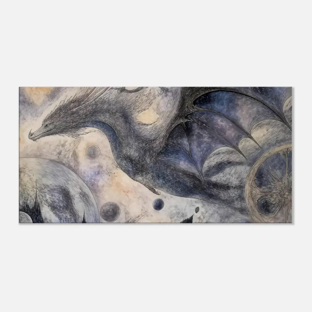 Pastel dragon canvas print featuring a dark textured dragon soaring through a muted celestial fantasy wall art landscape
