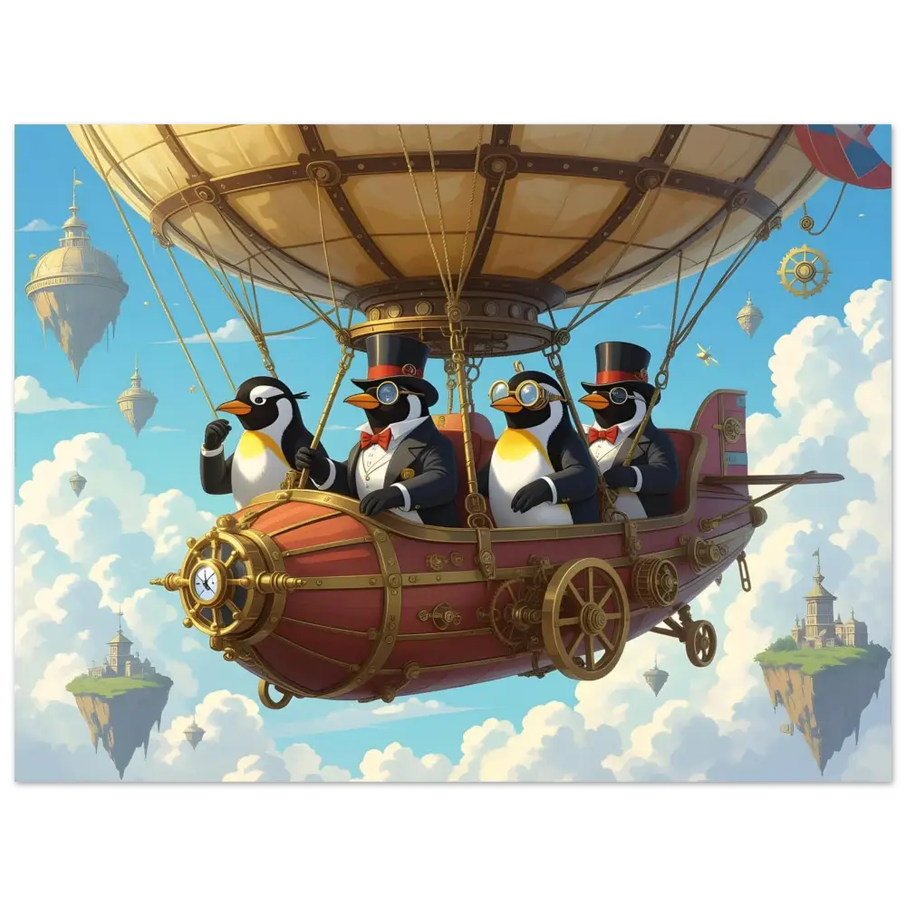 Steampunk penguin flying an airship in an adventurous flight scene on a PixiOnyx Fine Art Print