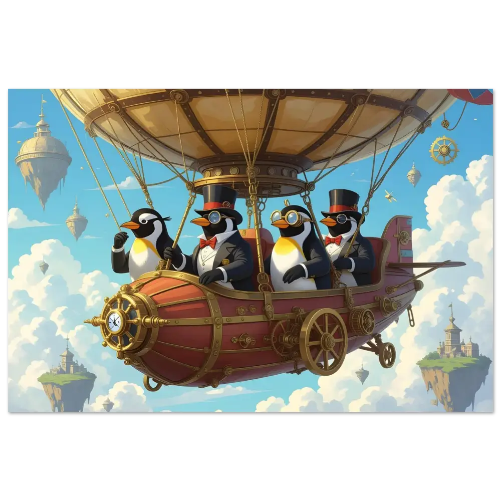 Steampunk penguin airship flying over cityscape on Penguin Zeppelin Society Poster