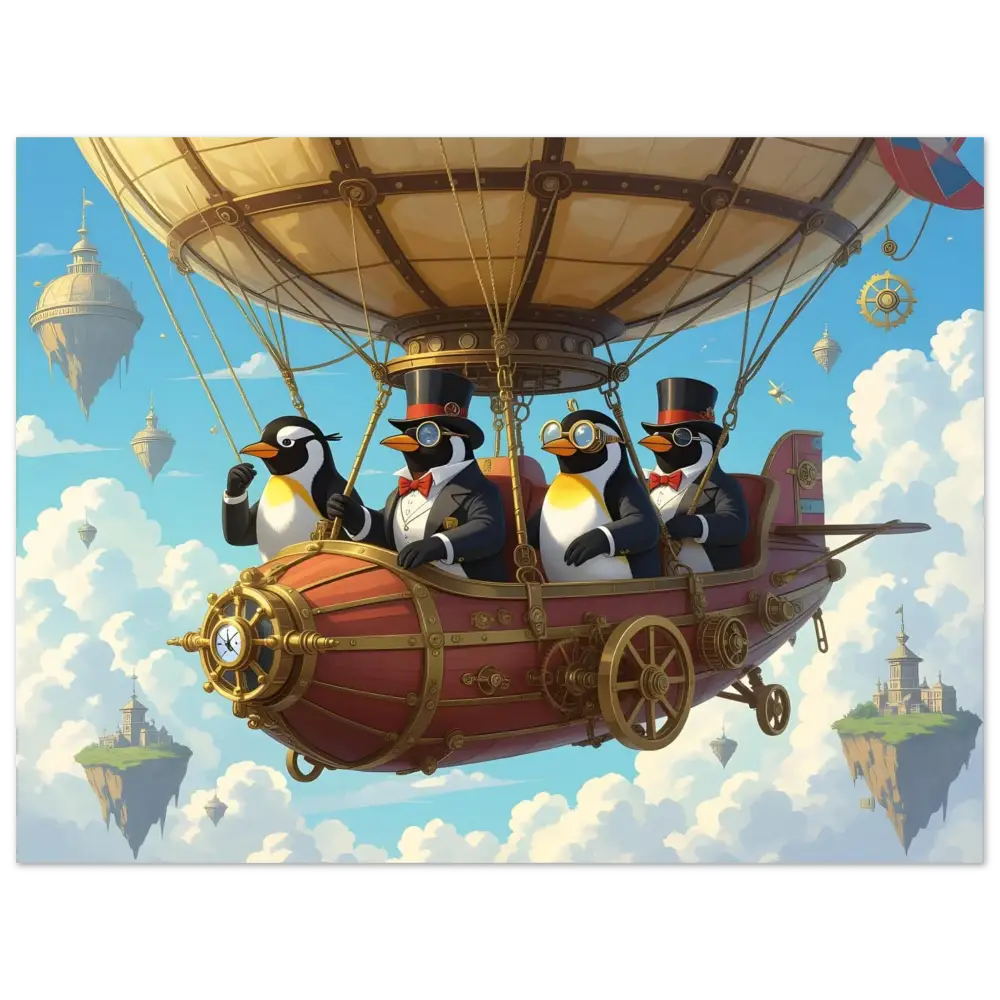Steampunk penguin airship illustration on Penguin Zeppelin Society Poster Dapper Flight Club