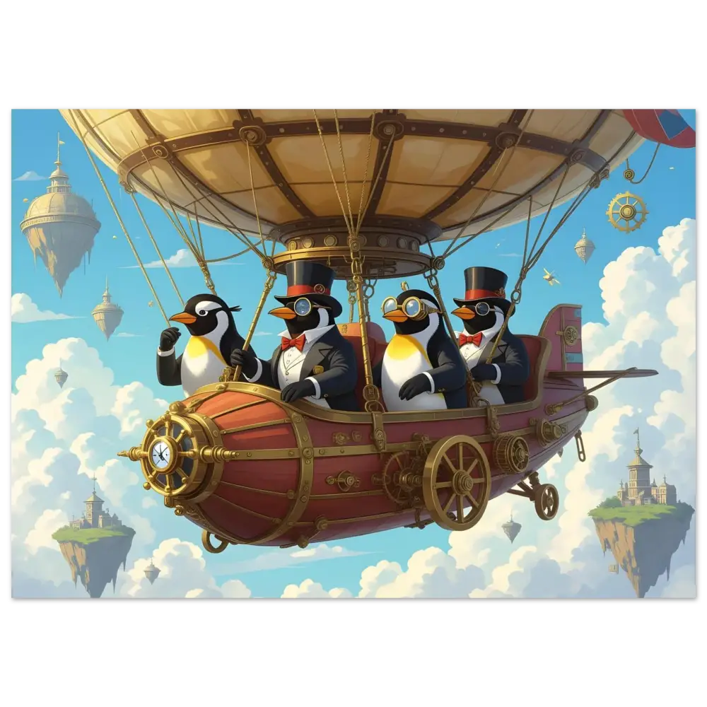 Steampunk Penguin Airship featured in Penguin Zeppelin Society Poster Dapper Flight Club