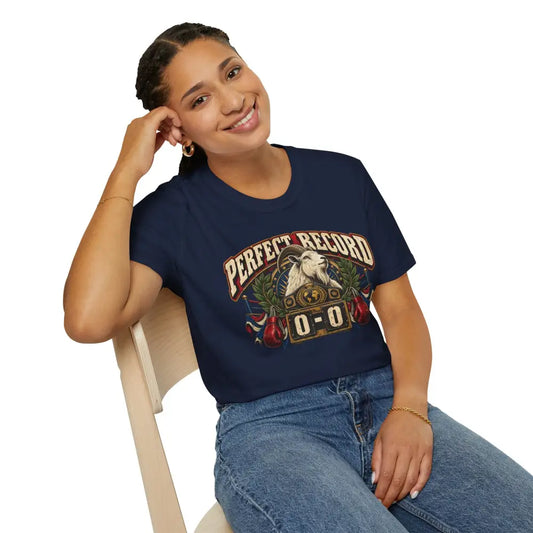 Navy blue short-sleeved unisex t-shirt with vintage boxing goat graphic perfect record 0-0 care instructions low heat tumble dry