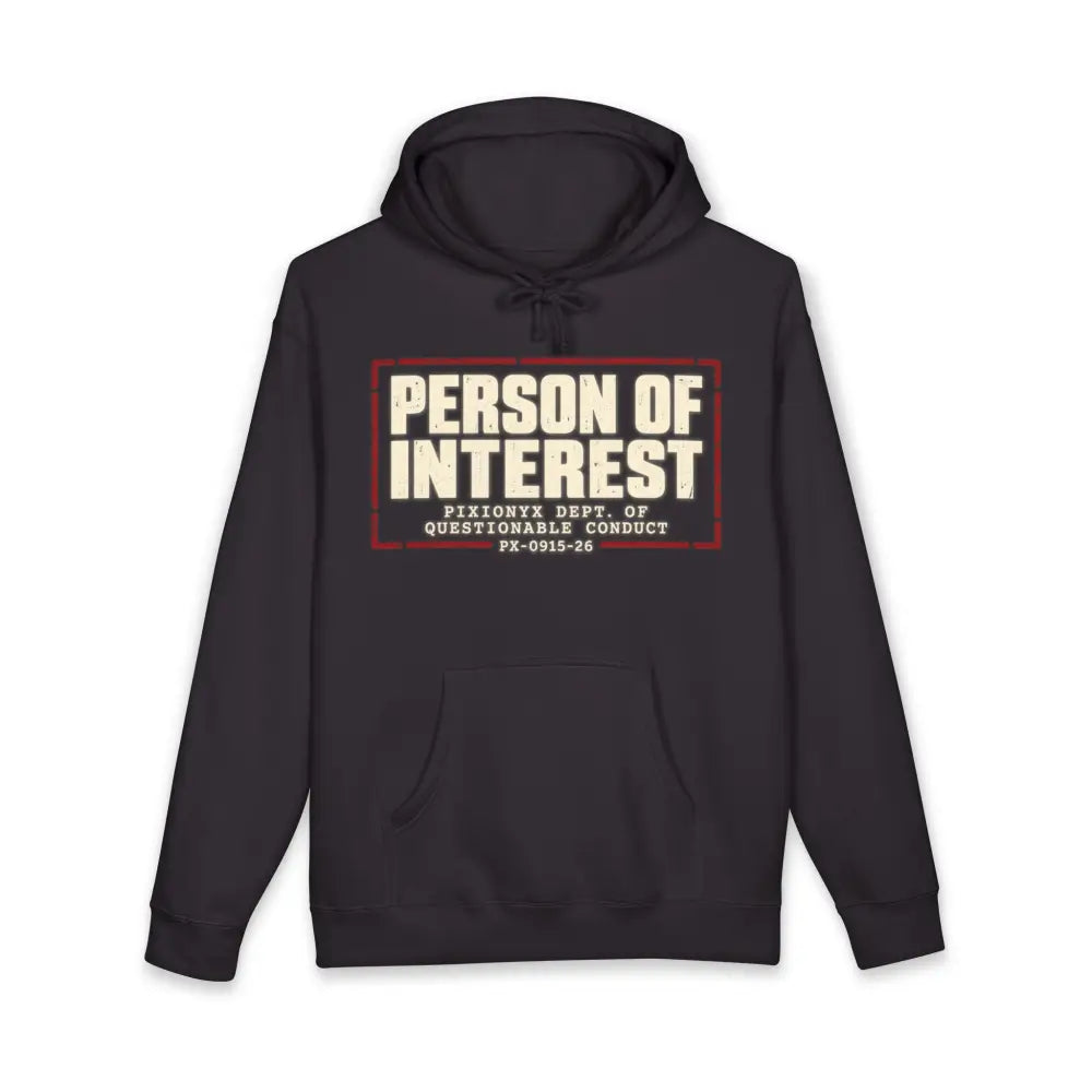 Person of interest unisex hoodie in black with distressed white and red graphic design fleece-lined hood machine wash care instructions