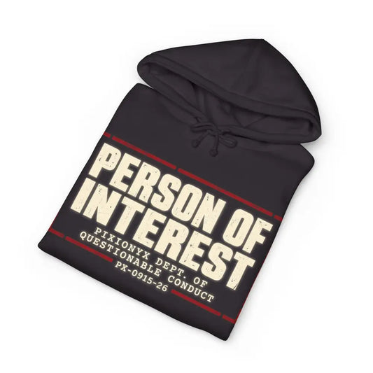 Black fleece-lined person of interest unisex hoodie with distressed white print and red stripes, machine wash care instructions