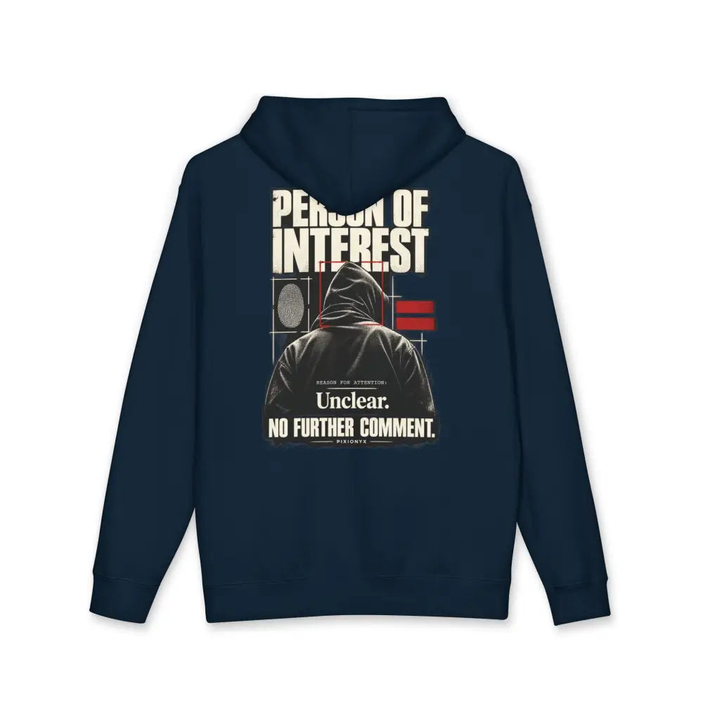 Navy blue person of interest unisex hoodie with fleece-lined hood features graphic print of hooded figure on back machine wash safe