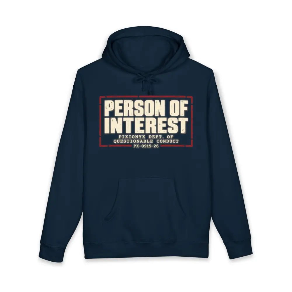Navy blue person of interest unisex hoodie with distressed graphic fleece-lined hood and machine wash care instructions