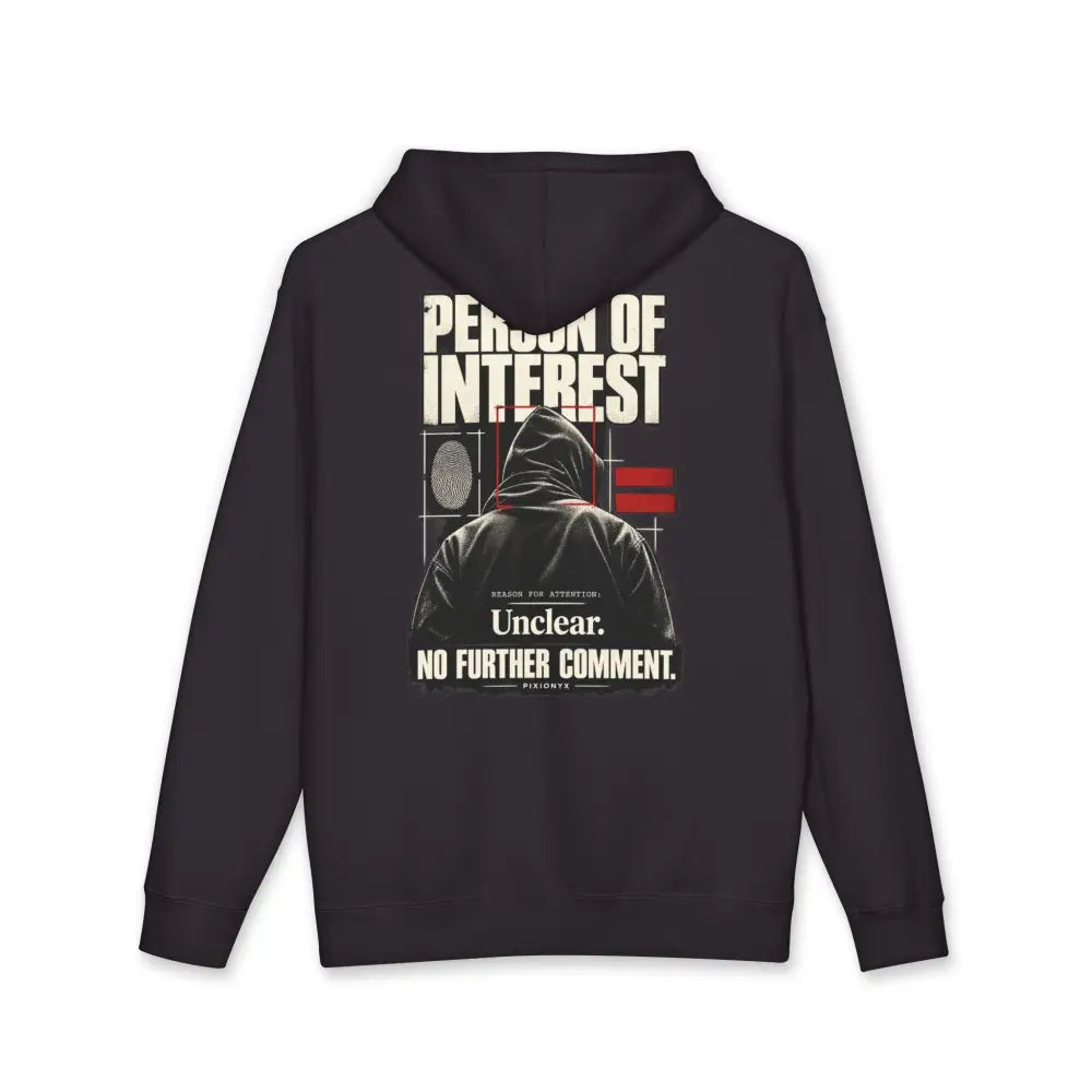Back of black fleece-lined hoodie with person of interest graphic print featuring hooded figure and care instructions for machine wash