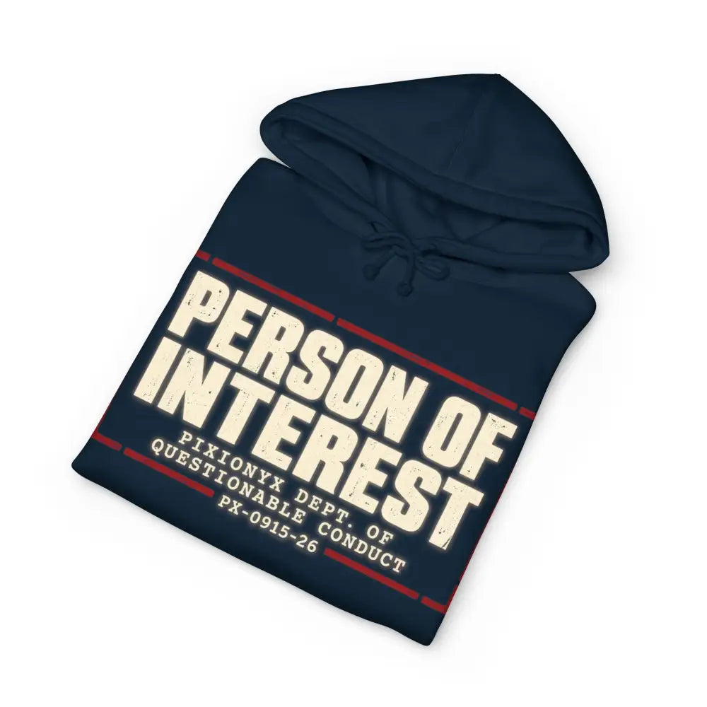 Navy blue unisex hoodie with person of interest text, fleece-lined hood, retro graphic, and machine wash care instructions
