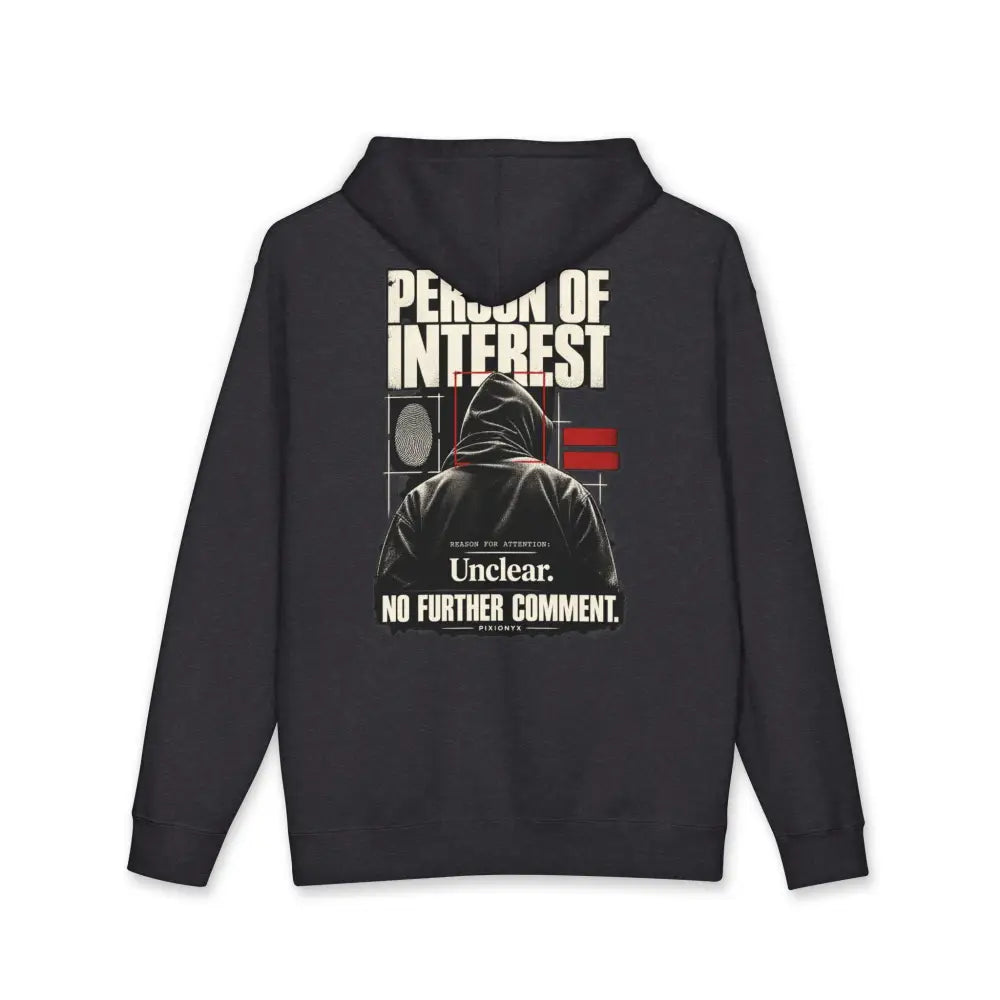 Person of interest unisex black hoodie with graphic print fleece-lined hood and machine wash care instructions