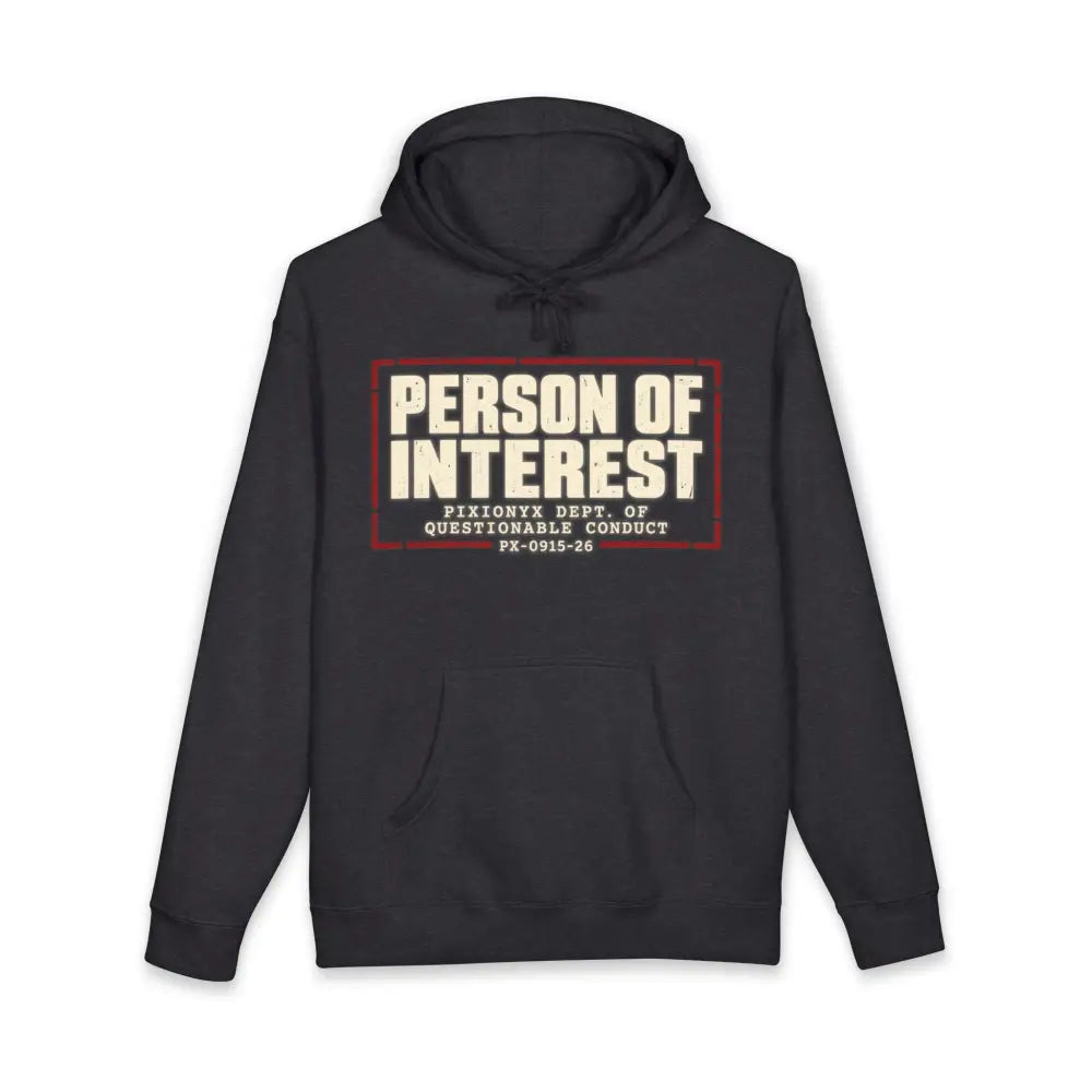 Black fleece-lined hood unisex hoodie with distressed white and red person of interest graphic machine wash care instructions
