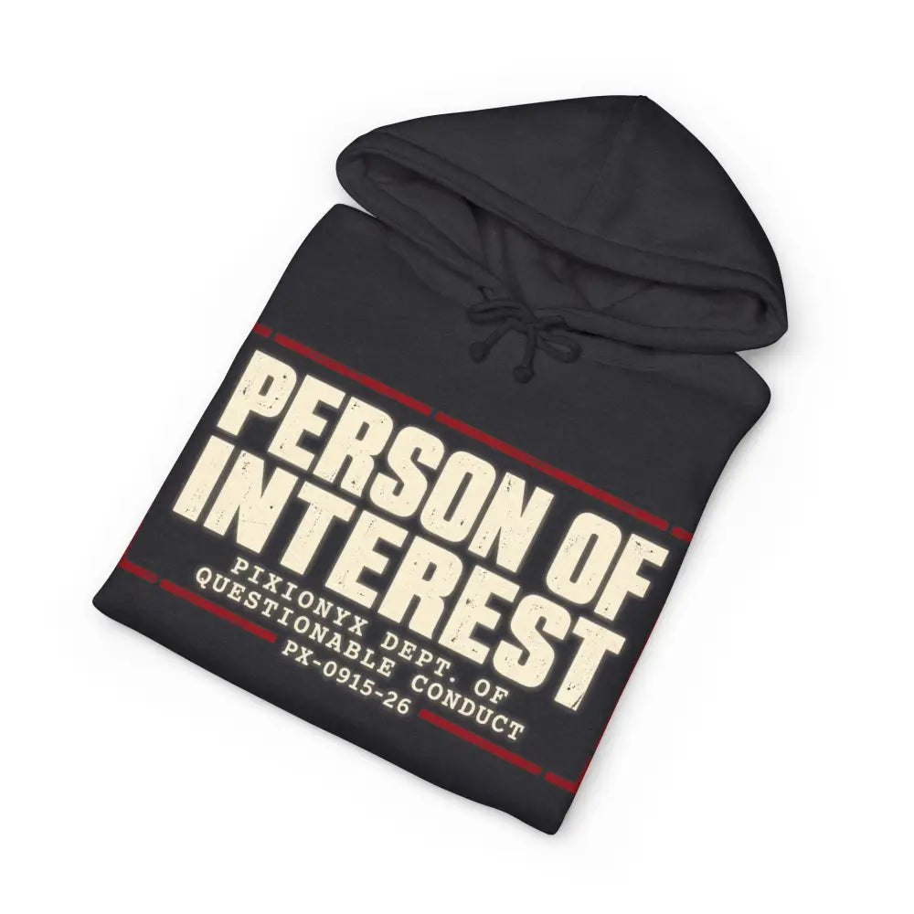 Black fleece-lined hoodie with person of interest print in distressed white and red stripes, machine wash care instructions