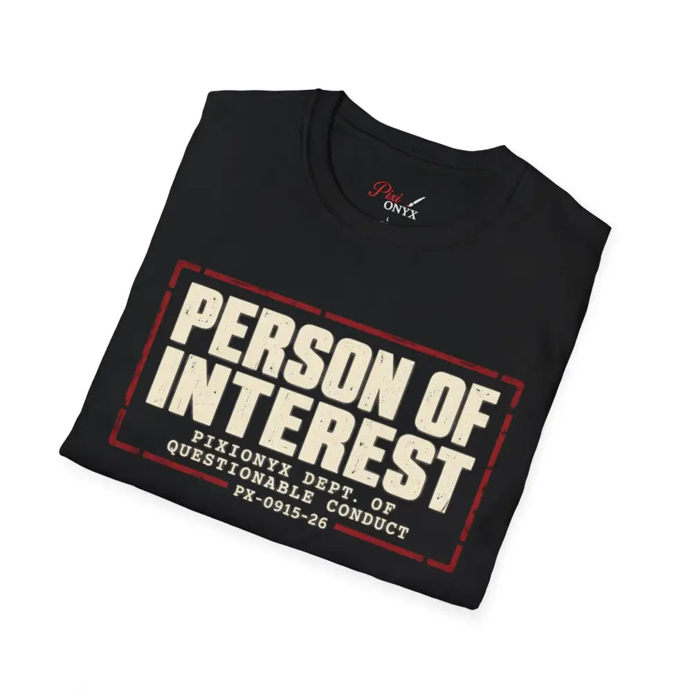 Black cotton person of interest unisex t-shirt with distressed white and red vintage block graphic, low heat tumble dry care instructions