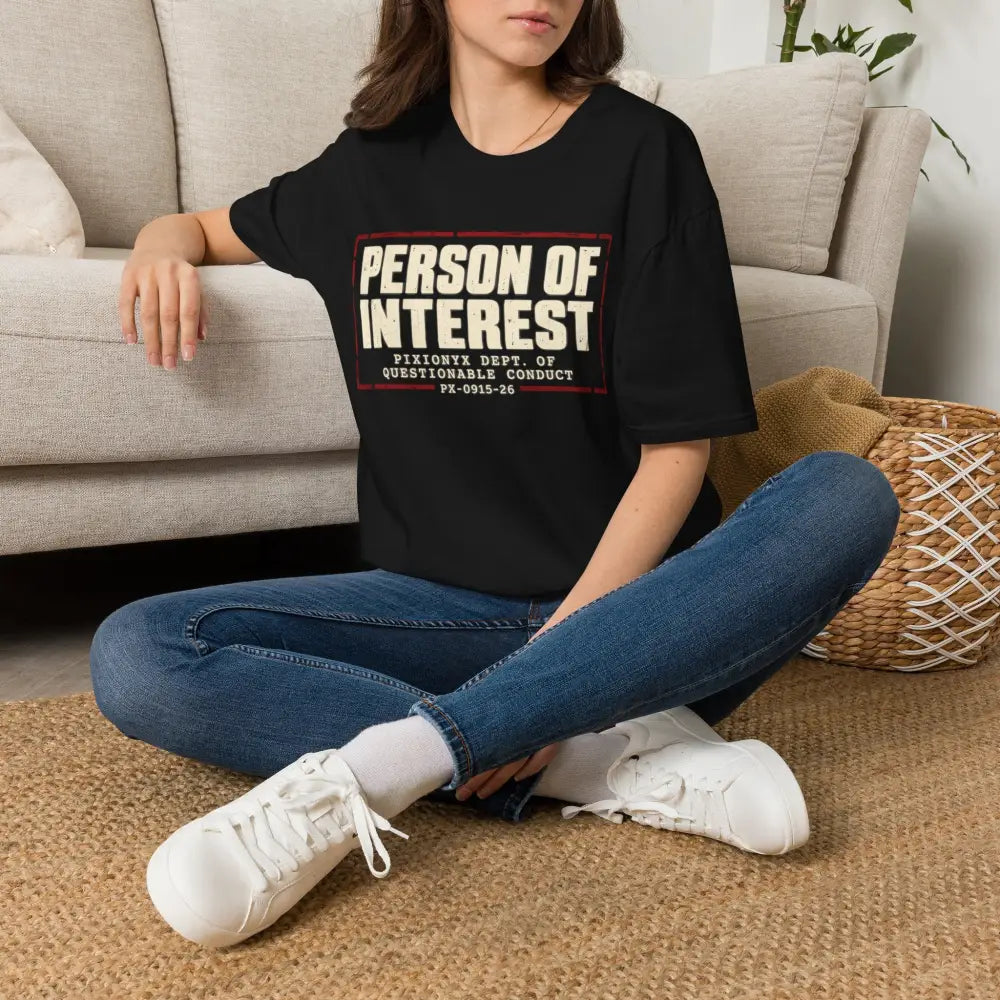 Person of interest unisex black short-sleeved t-shirt with bold white and red vintage block graphic care instructions low heat tumble dry