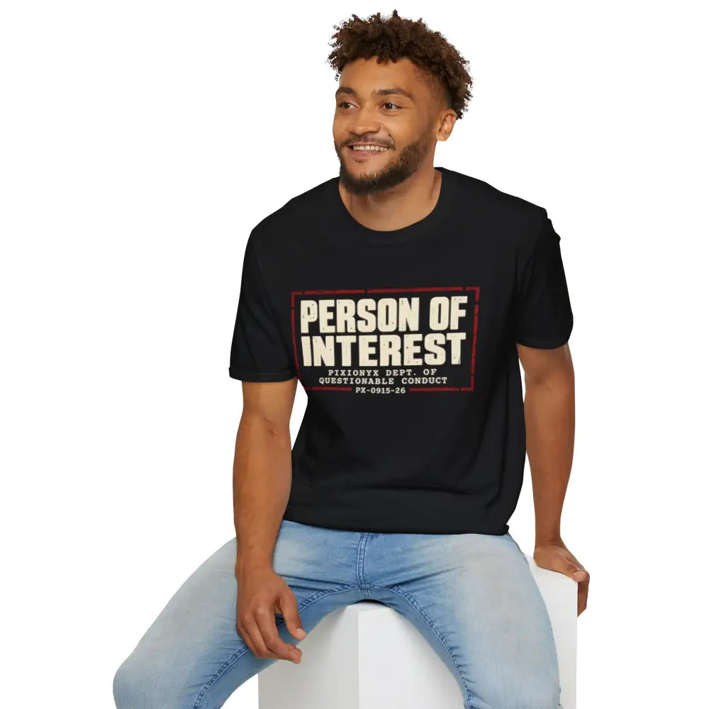 Black cotton person of interest unisex t-shirt with bold white and red vintage block graphic care instructions low heat tumble dry