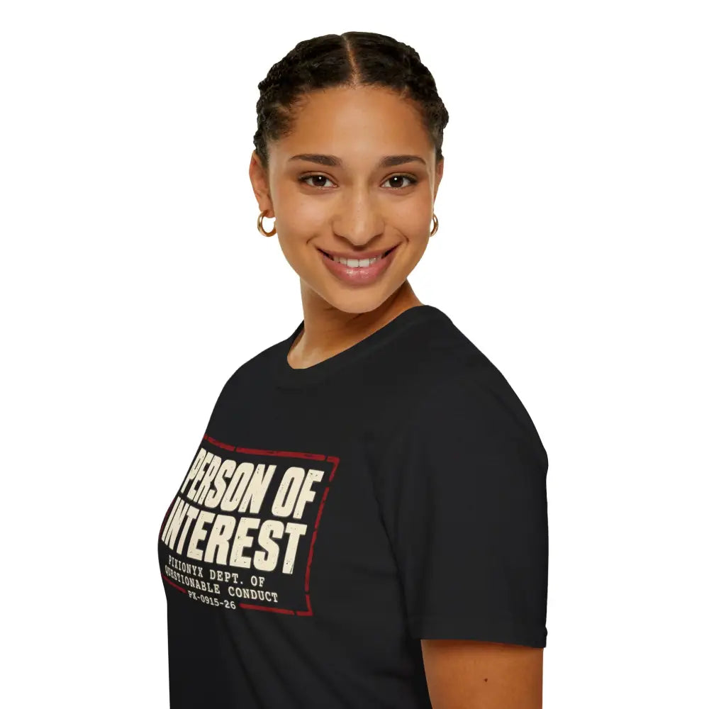 Black person of interest unisex t-shirt with vintage block graphic in white and red letters care instructions low heat tumble dry
